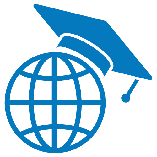 Blue network icon with a graduation cap on top