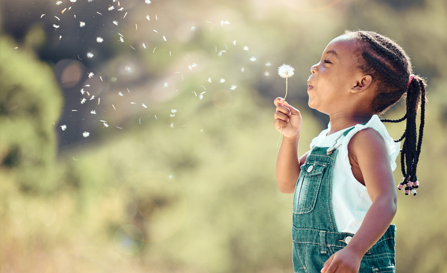 A young girl blowing on a dandelion.