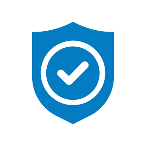 Blue icon of a shield with a check in the center