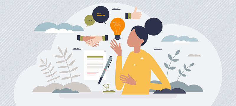 Graphic image showing a woman with various symbols around her in a cloud to represent the five factors of her personality (extraversion, openness, conscientiousness, neuroticism, and agreeableness)